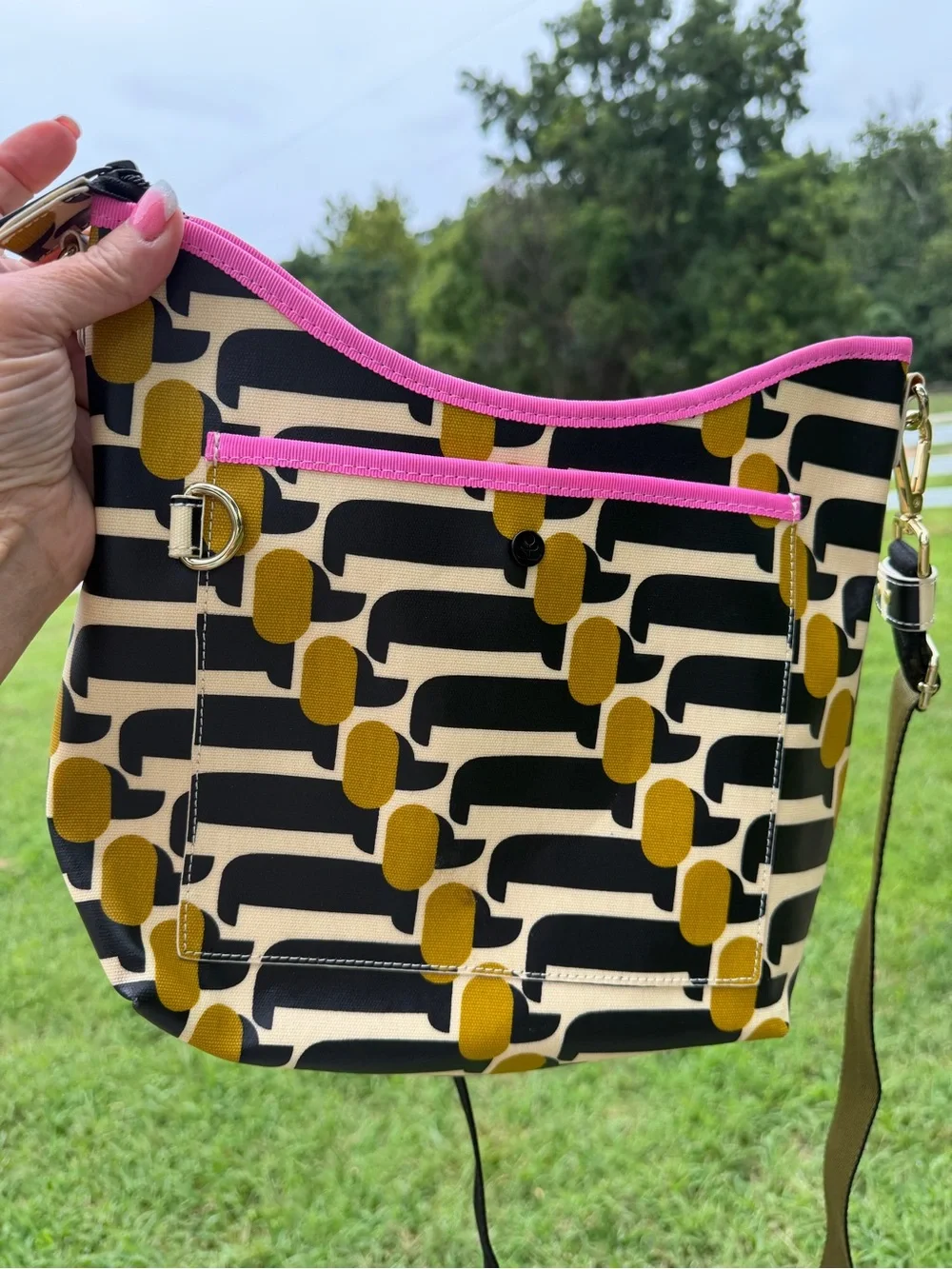 Orla Kiely Dog Show Crossbody with Pink Trim.